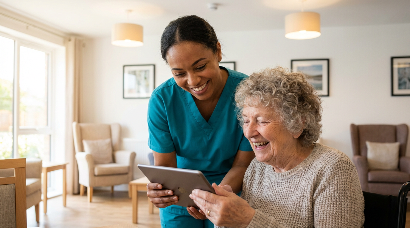 Care worker helping elderly person with technology